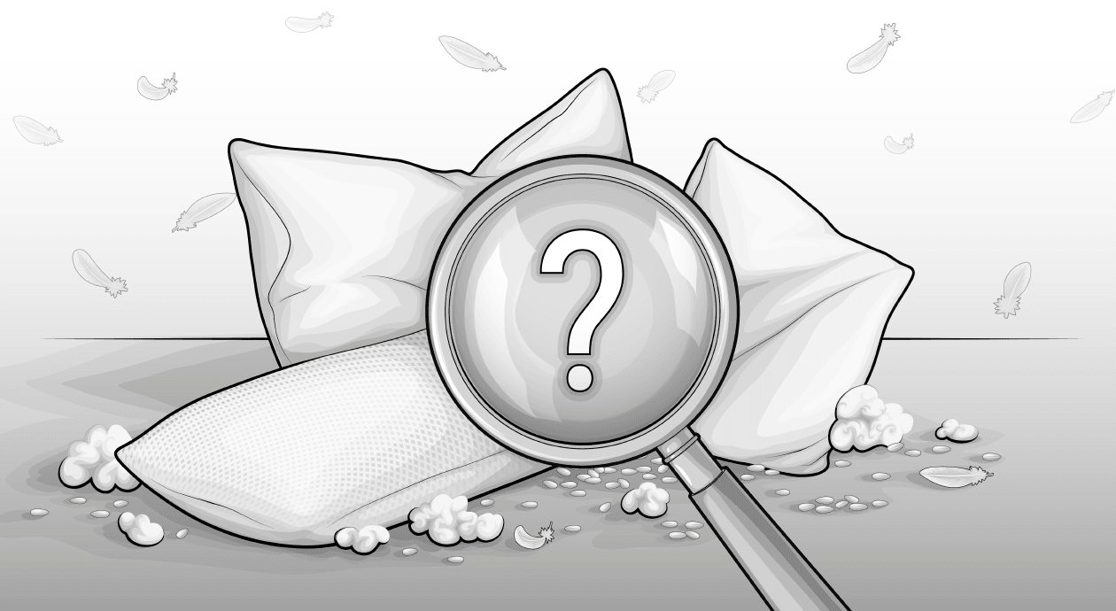 Illustration: Eine Lupe mit Fragezeichen im Sichtfeld vor Kissen mit verschiedenen Füllungen