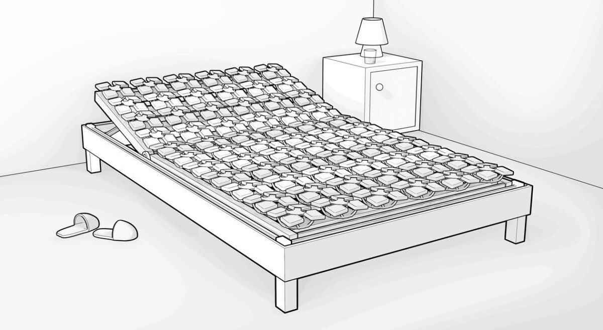 Illustration: Ein Tellerlattenrost mit angehobenem Kopfteil in einem Bettrahmen.