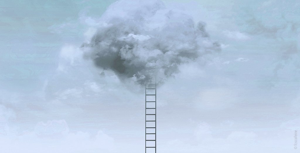 Eine Leiter ragt in den Himmel und verschwindet in einer Wolke.